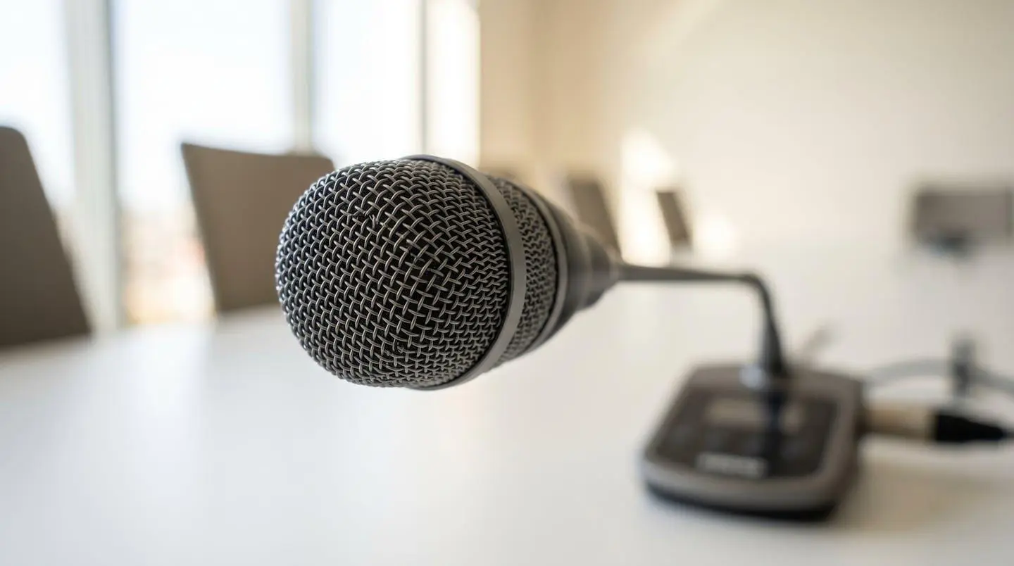 Gros plan sur un microphone de conférence posé sur une table moderne dans une salle lumineuse