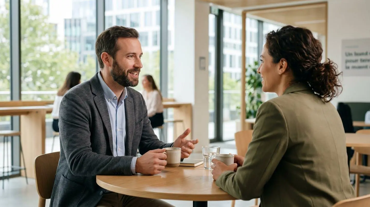 Deux professionnels en discussion informelle pendant une pause café, vus de profil dans un espace lumineux moderne