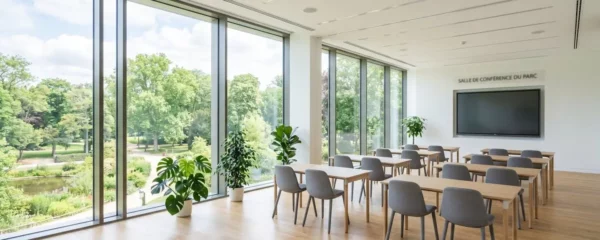 Salle de conférence moderne vide avec grandes baies vitrées donnant sur un parc arboré, tables en configuration atelier et écran de présentation