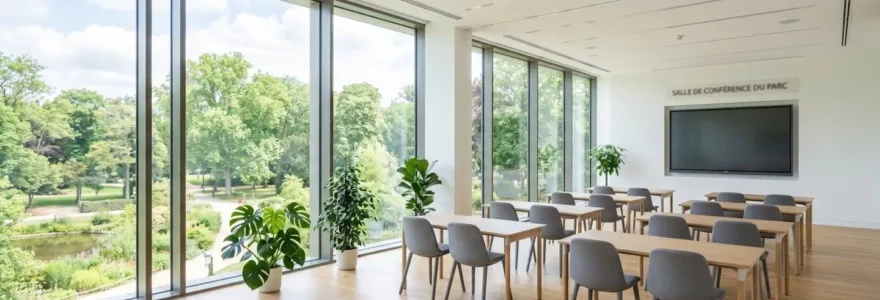 Salle de conférence moderne vide avec grandes baies vitrées donnant sur un parc arboré, tables en configuration atelier et écran de présentation