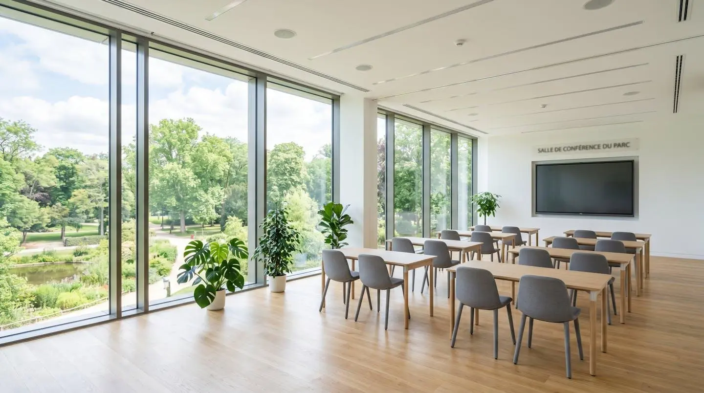 Salle de conférence moderne vide avec grandes baies vitrées donnant sur un parc arboré, tables en configuration atelier et écran de présentation