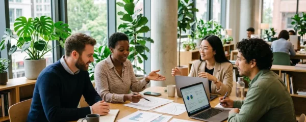 Équipe d'entreprise collaborative travaillant sur un projet de transition écologique dans un bureau moderne avec plantes et lumière naturelle