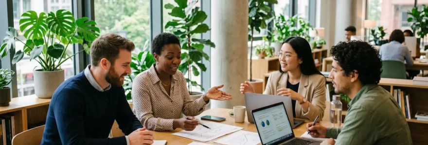 Équipe d'entreprise collaborative travaillant sur un projet de transition écologique dans un bureau moderne avec plantes et lumière naturelle