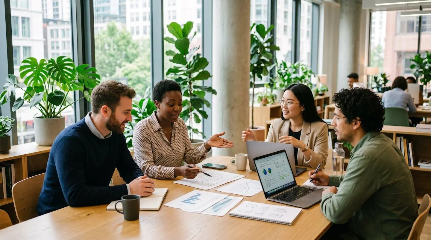 Équipe d'entreprise collaborative travaillant sur un projet de transition écologique dans un bureau moderne avec plantes et lumière naturelle