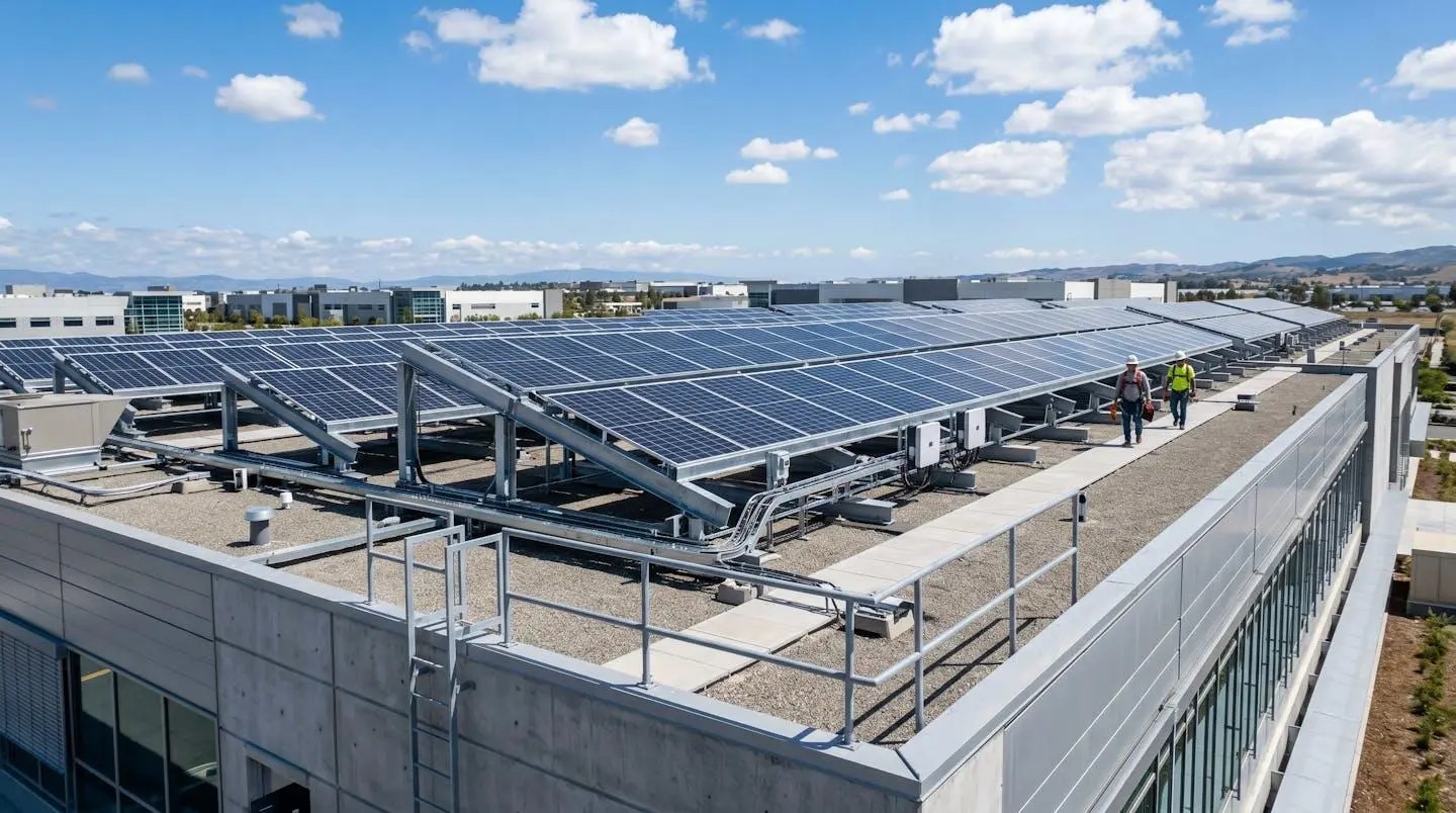 Installation de panneaux solaires photovoltaïques sur le toit d'un bâtiment industriel moderne sous un ciel dégagé
