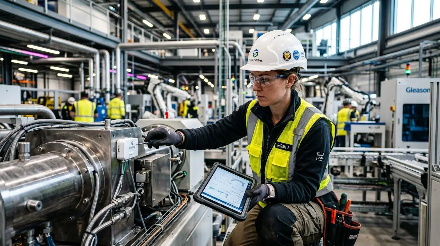 Technicien professionnel installant des capteurs IoT de monitoring énergétique sur un équipement industriel dans une usine moderne