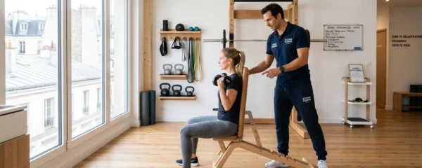 Coach sportif professionnel guidant une cliente dans un studio privé parisien moderne aux murs blancs et équipements contemporains