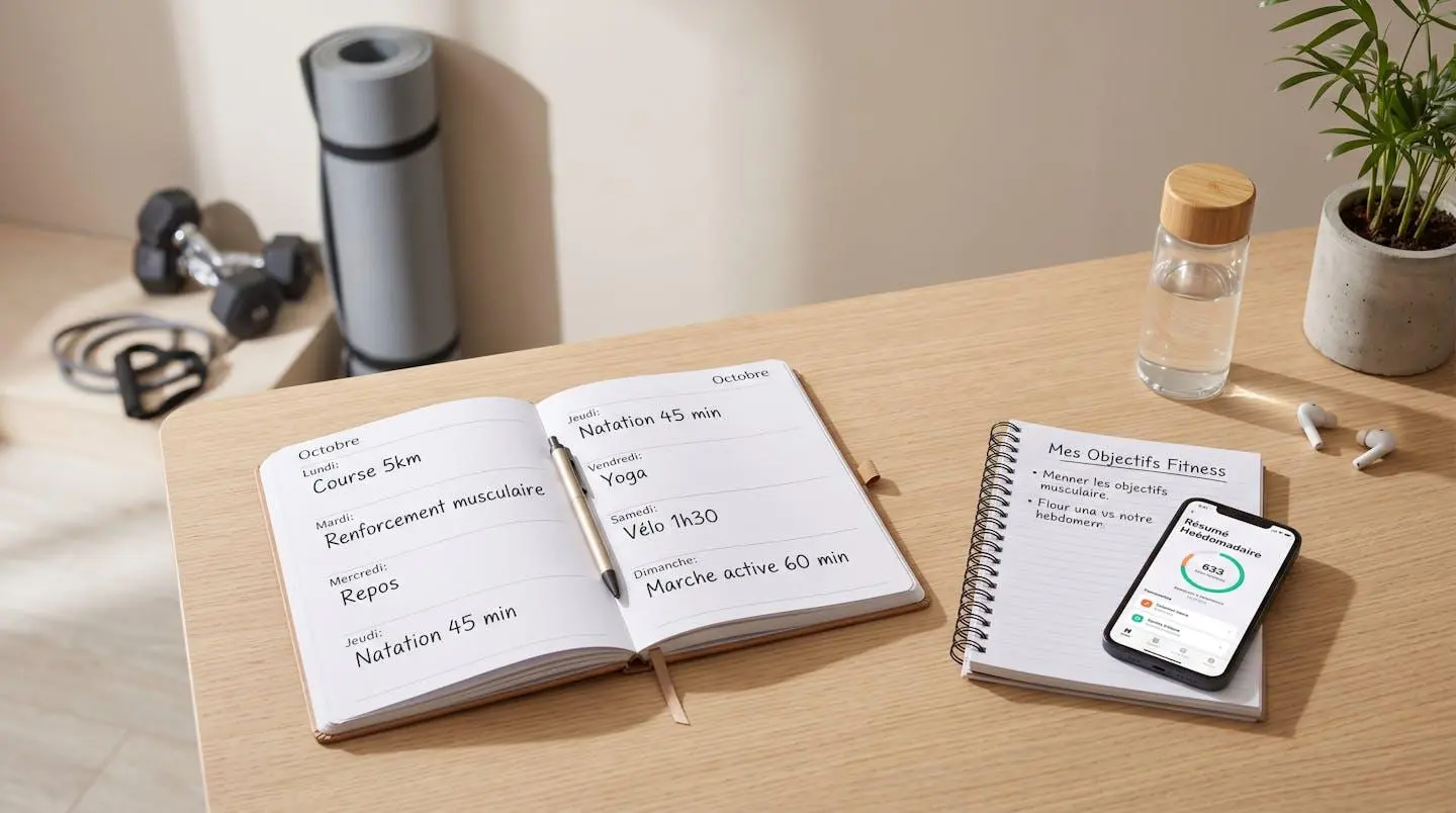 Planning d'entraînement hebdomadaire et matériel organisé sur un bureau pour illustrer la planification fitness